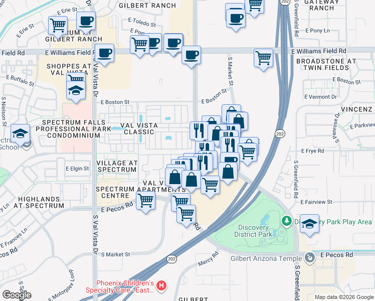 map of restaurants, bars, coffee shops, grocery stores, and more near 2785 South Pewter Drive in Gilbert