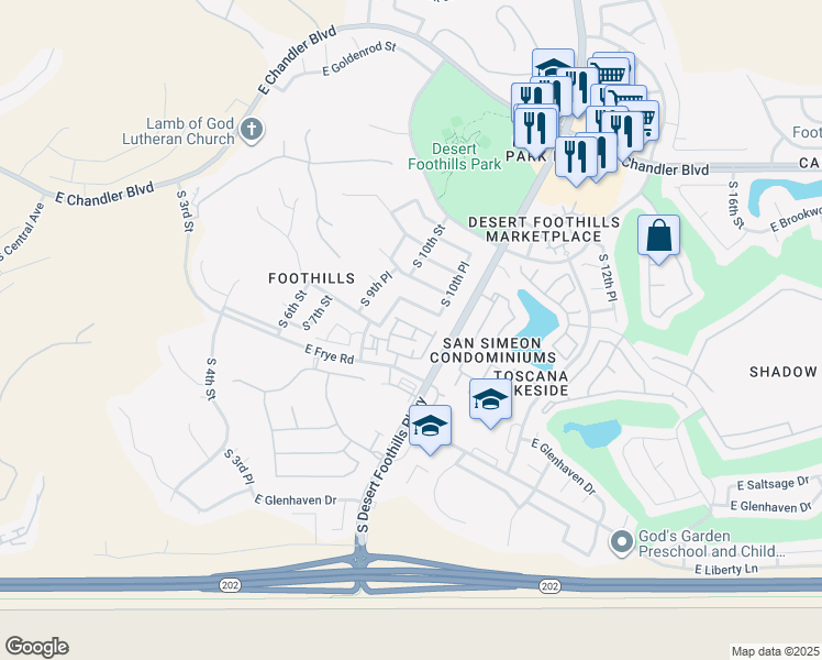 map of restaurants, bars, coffee shops, grocery stores, and more near 1024 East Frye Road in Phoenix