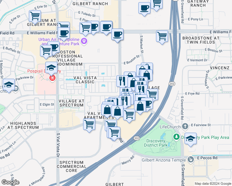 map of restaurants, bars, coffee shops, grocery stores, and more near 2785 South Pewter Drive in Gilbert