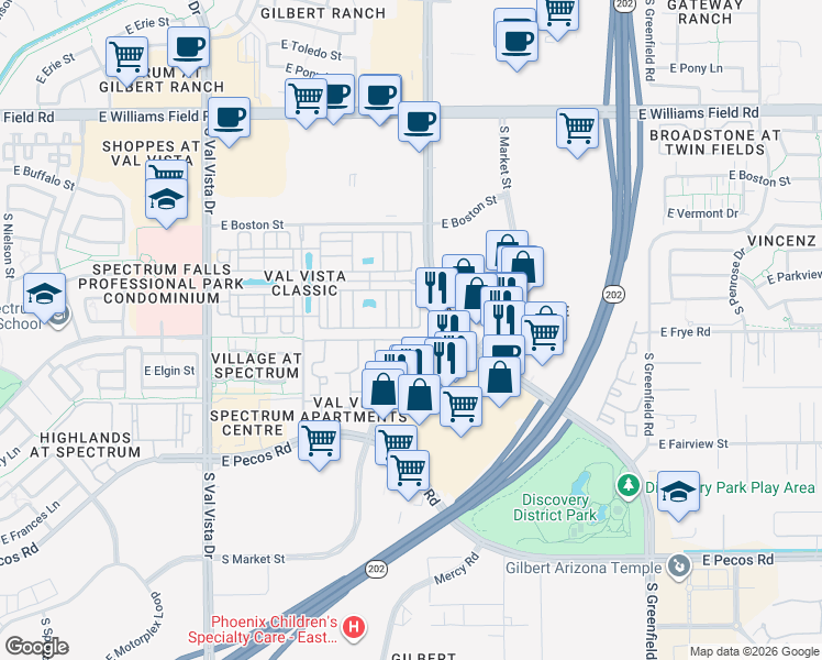 map of restaurants, bars, coffee shops, grocery stores, and more near 2785 South Pewter Drive in Gilbert