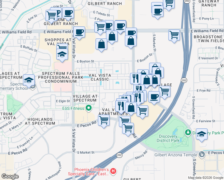 map of restaurants, bars, coffee shops, grocery stores, and more near 2772 South Catherine Drive in Gilbert