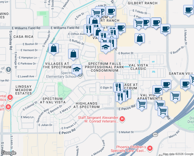 map of restaurants, bars, coffee shops, grocery stores, and more near 1440 East Lowell Avenue in Gilbert