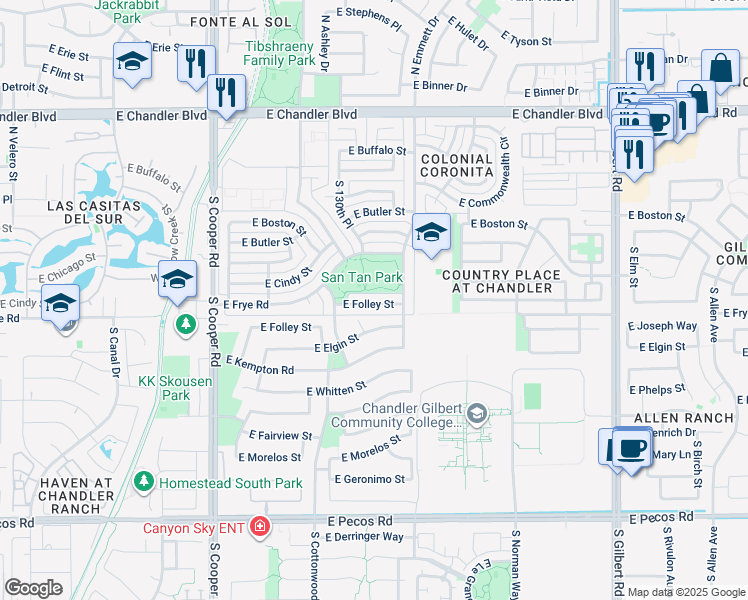 map of restaurants, bars, coffee shops, grocery stores, and more near 2334 East Folley Street in Chandler