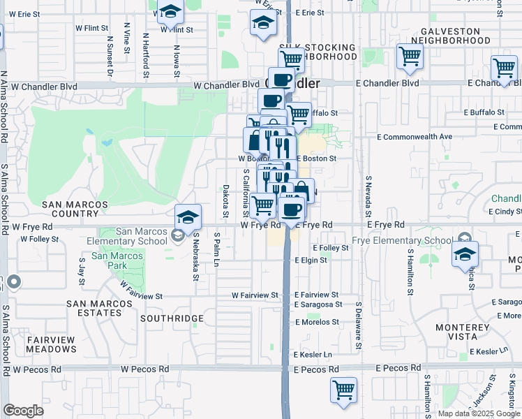 map of restaurants, bars, coffee shops, grocery stores, and more near 230 South Oregon Street in Chandler