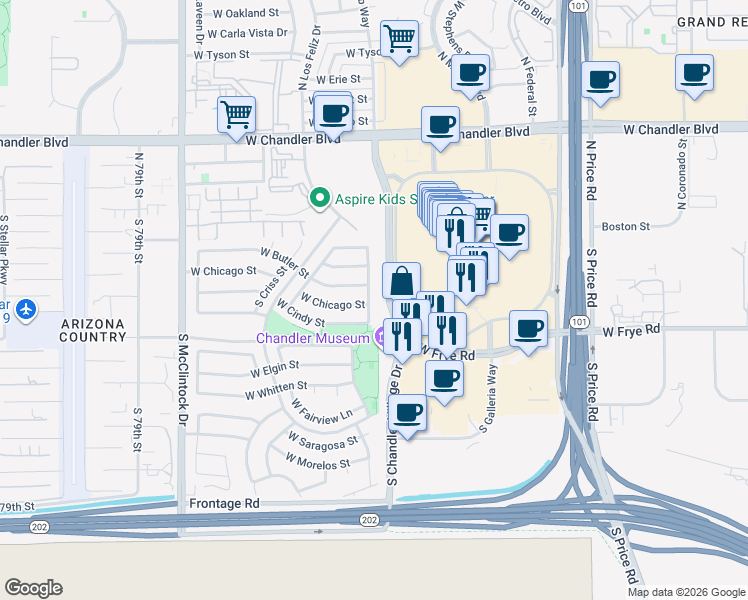 map of restaurants, bars, coffee shops, grocery stores, and more near 219 South Kenwood Lane in Chandler