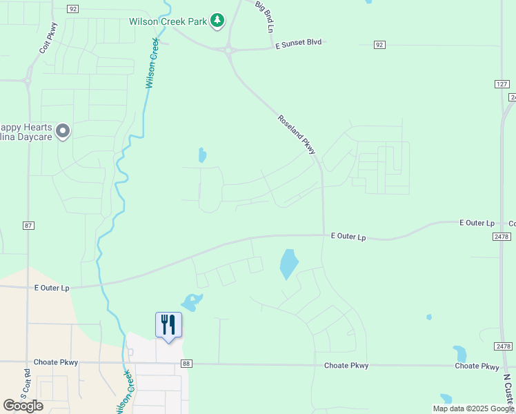map of restaurants, bars, coffee shops, grocery stores, and more near 9047 County Road 92 in Celina