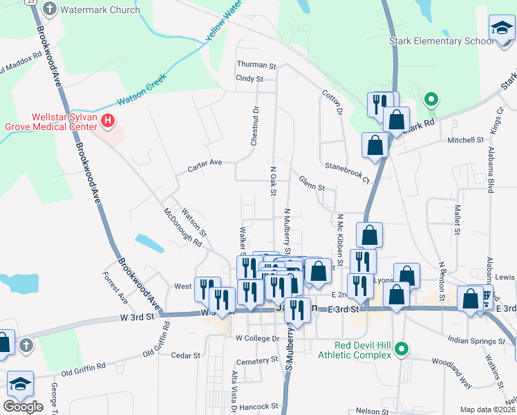 map of restaurants, bars, coffee shops, grocery stores, and more near 136 Evergreen Drive in Jackson