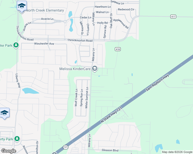 map of restaurants, bars, coffee shops, grocery stores, and more near 3615 Karnaghan Lane in Melissa