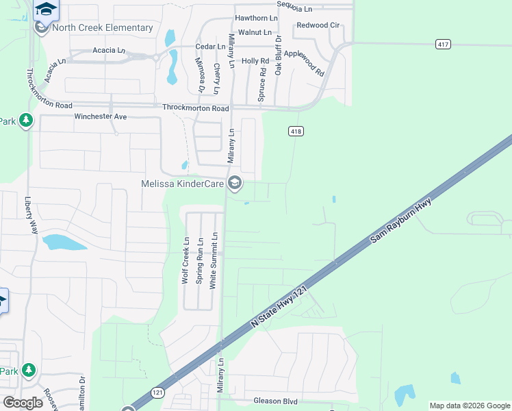 map of restaurants, bars, coffee shops, grocery stores, and more near 3615 Karnaghan Lane in Melissa