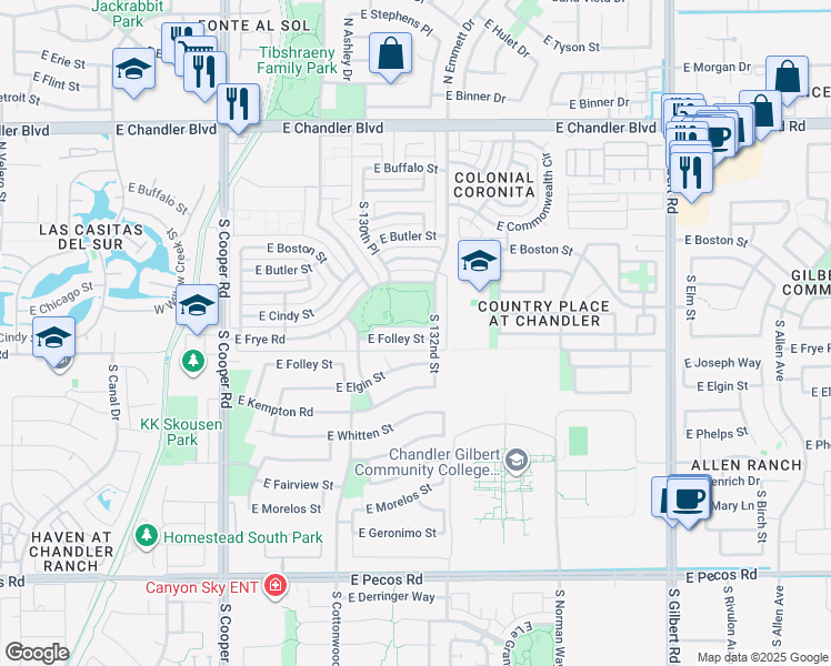 map of restaurants, bars, coffee shops, grocery stores, and more near 2334 East Folley Street in Chandler