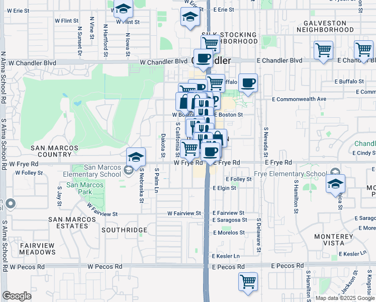 map of restaurants, bars, coffee shops, grocery stores, and more near 230 South Oregon Street in Chandler