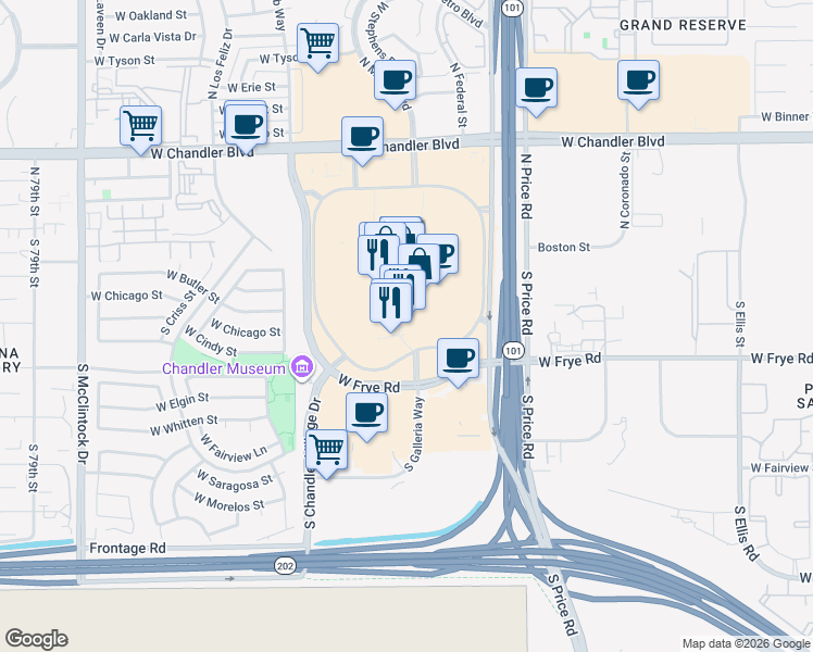 map of restaurants, bars, coffee shops, grocery stores, and more near 3155 West Chandler Boulevard in Chandler
