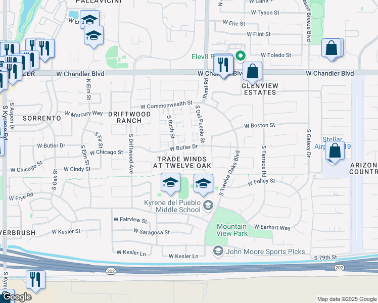 map of restaurants, bars, coffee shops, grocery stores, and more near 5014 West Chicago Circle North in Chandler