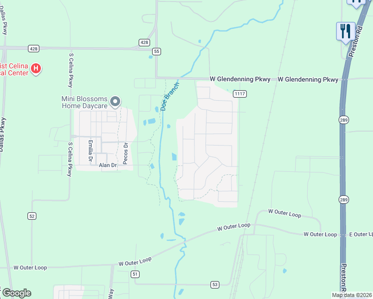 map of restaurants, bars, coffee shops, grocery stores, and more near 1808 Lithgow Road in Celina