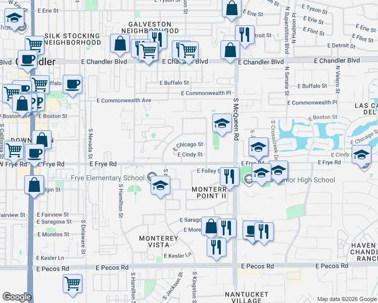 map of restaurants, bars, coffee shops, grocery stores, and more near 831 East Chicago Street in Chandler