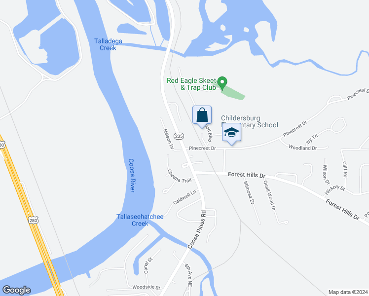map of restaurants, bars, coffee shops, grocery stores, and more near Plant Road in Childersburg