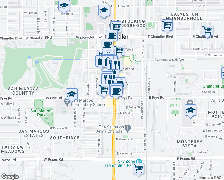 map of restaurants, bars, coffee shops, grocery stores, and more near in Chandler