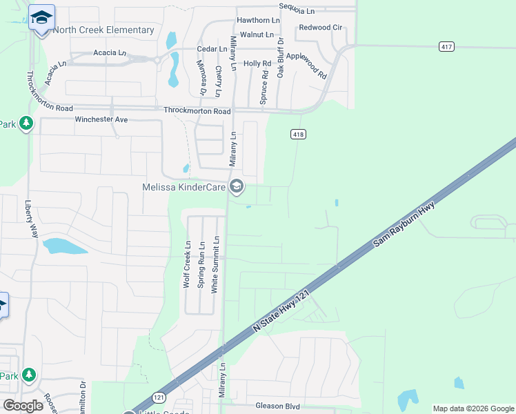 map of restaurants, bars, coffee shops, grocery stores, and more near 3615 Karnaghan Lane in Melissa