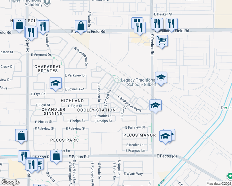 map of restaurants, bars, coffee shops, grocery stores, and more near 3766 South Anderson Lane in Gilbert