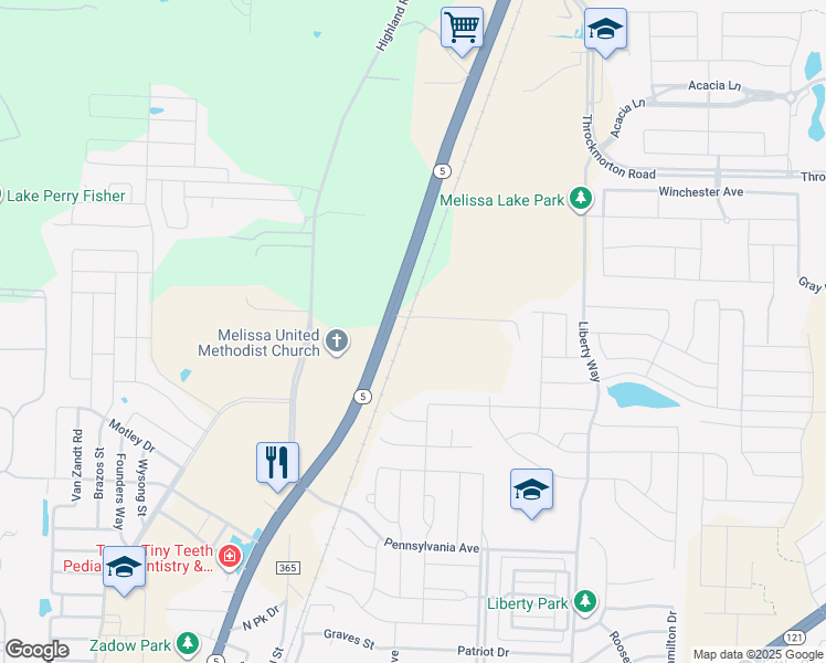 map of restaurants, bars, coffee shops, grocery stores, and more near 1541 Private Road 5039 in Melissa
