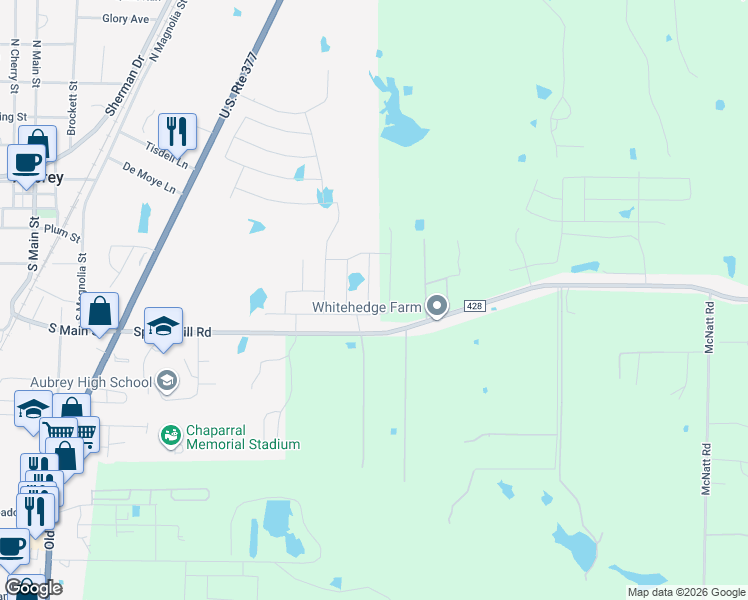 map of restaurants, bars, coffee shops, grocery stores, and more near 855-879 Spring Hill Road in Aubrey