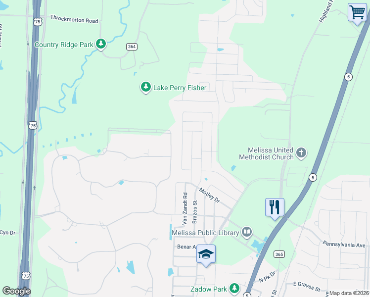 map of restaurants, bars, coffee shops, grocery stores, and more near 3813 Bastrop Street in Melissa