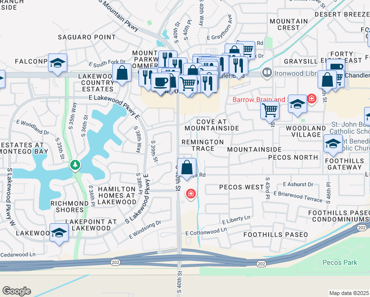 map of restaurants, bars, coffee shops, grocery stores, and more near 16053 South 40th Way in Phoenix