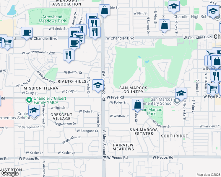 map of restaurants, bars, coffee shops, grocery stores, and more near 953 West Fairway Drive in Chandler