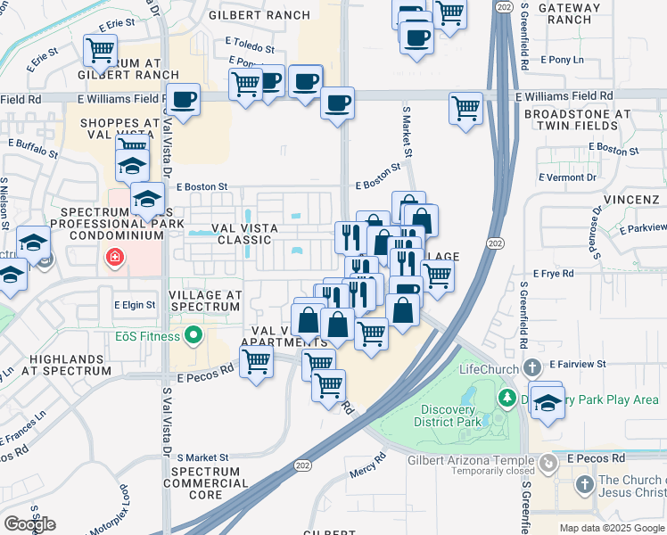 map of restaurants, bars, coffee shops, grocery stores, and more near 2785 South Pewter Drive in Gilbert