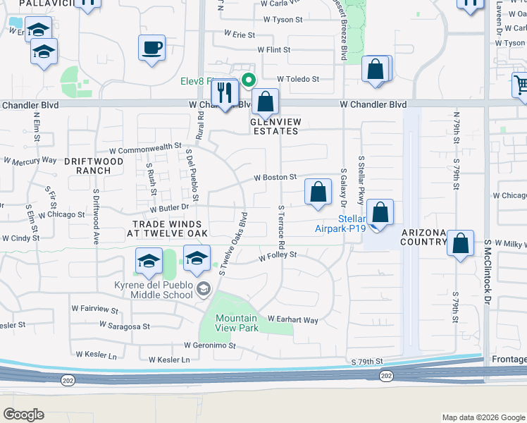 map of restaurants, bars, coffee shops, grocery stores, and more near 134 South Terrace Road in Chandler