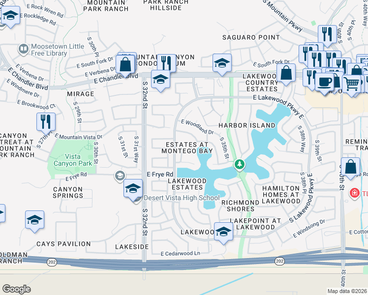 map of restaurants, bars, coffee shops, grocery stores, and more near 16203 South 33rd Place in Phoenix