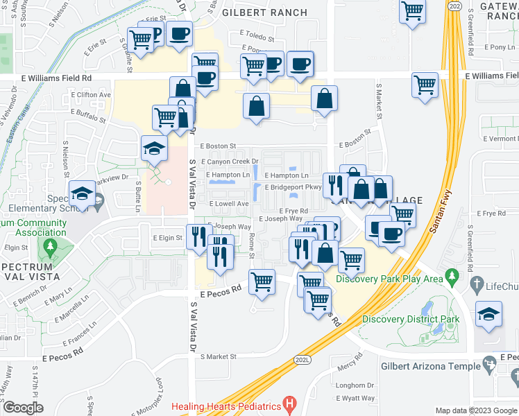map of restaurants, bars, coffee shops, grocery stores, and more near 2778 South Voyager Drive in Gilbert