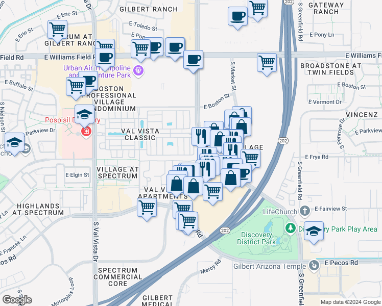map of restaurants, bars, coffee shops, grocery stores, and more near 2785 South Pewter Drive in Gilbert