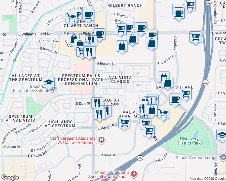 map of restaurants, bars, coffee shops, grocery stores, and more near 2773 South Key Biscayne Drive in Gilbert