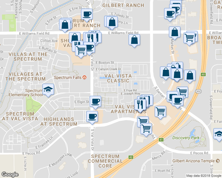map of restaurants, bars, coffee shops, grocery stores, and more near 2773 South Key Biscayne Drive in Gilbert