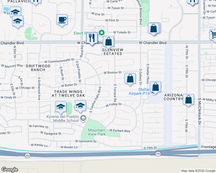 map of restaurants, bars, coffee shops, grocery stores, and more near 134 South Terrace Road in Chandler