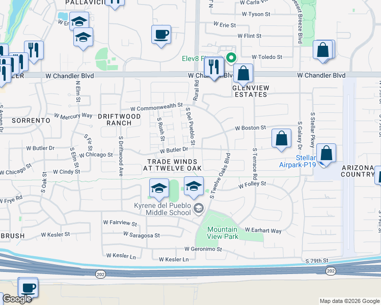 map of restaurants, bars, coffee shops, grocery stores, and more near 202 South Del Pueblo Street in Chandler