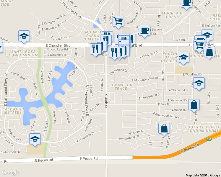 map of restaurants, bars, coffee shops, grocery stores, and more near 16053 South 40th Way in Phoenix