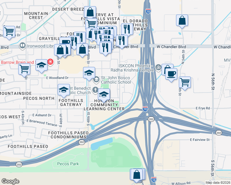 map of restaurants, bars, coffee shops, grocery stores, and more near 16160 South 50th Street in Phoenix