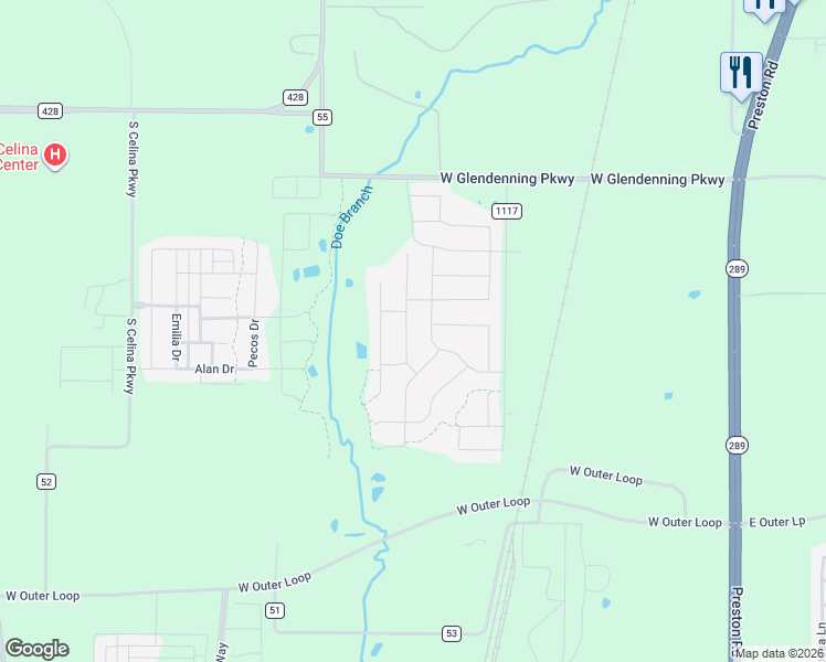 map of restaurants, bars, coffee shops, grocery stores, and more near 1808 Lithgow Road in Celina