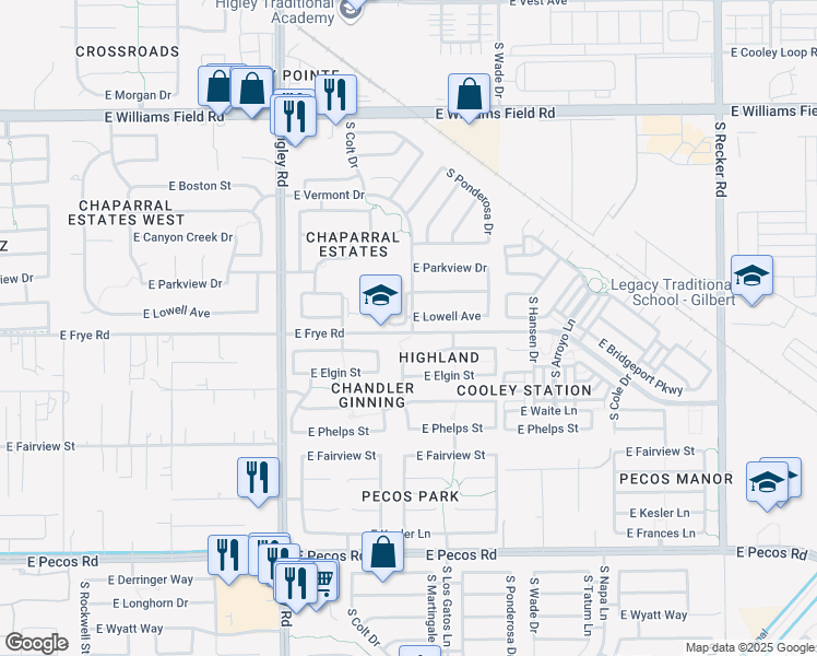 map of restaurants, bars, coffee shops, grocery stores, and more near 3380 East Frye Road in Gilbert