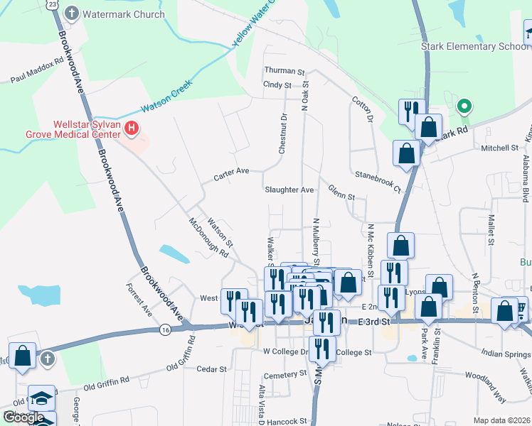 map of restaurants, bars, coffee shops, grocery stores, and more near 388 McDonough Road in Jackson