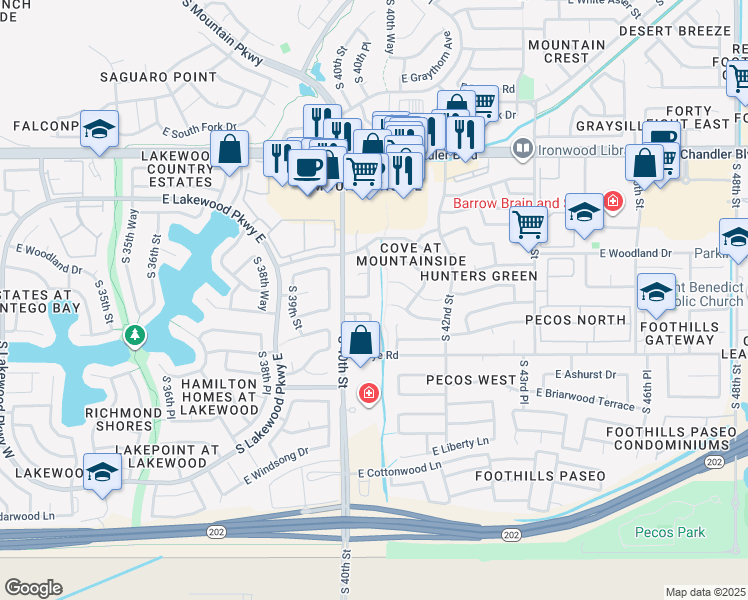 map of restaurants, bars, coffee shops, grocery stores, and more near 16053 South 40th Way in Phoenix