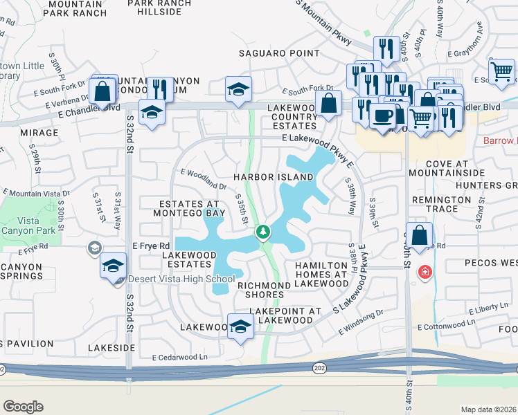 map of restaurants, bars, coffee shops, grocery stores, and more near 16202 South 35th Way in Phoenix