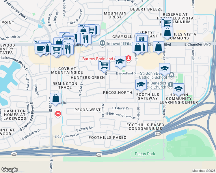 map of restaurants, bars, coffee shops, grocery stores, and more near 16042 South 44th Place in Phoenix