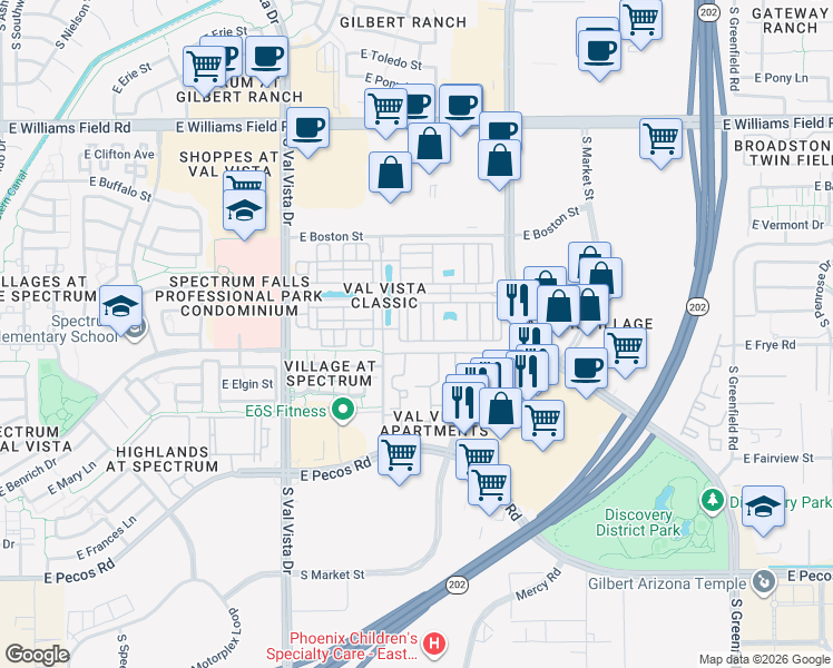 map of restaurants, bars, coffee shops, grocery stores, and more near 2772 South Catherine Drive in Gilbert
