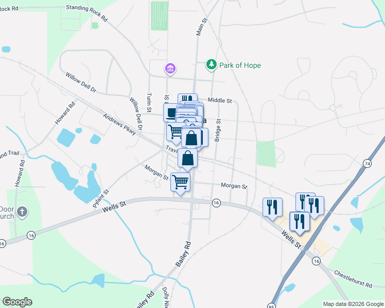 map of restaurants, bars, coffee shops, grocery stores, and more near 1 Main Street in Senoia