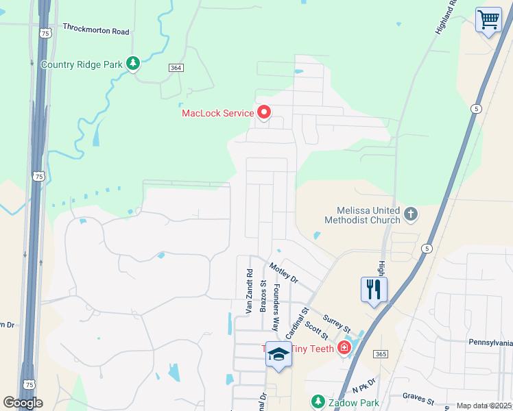 map of restaurants, bars, coffee shops, grocery stores, and more near 3813 Bastrop Street in Melissa