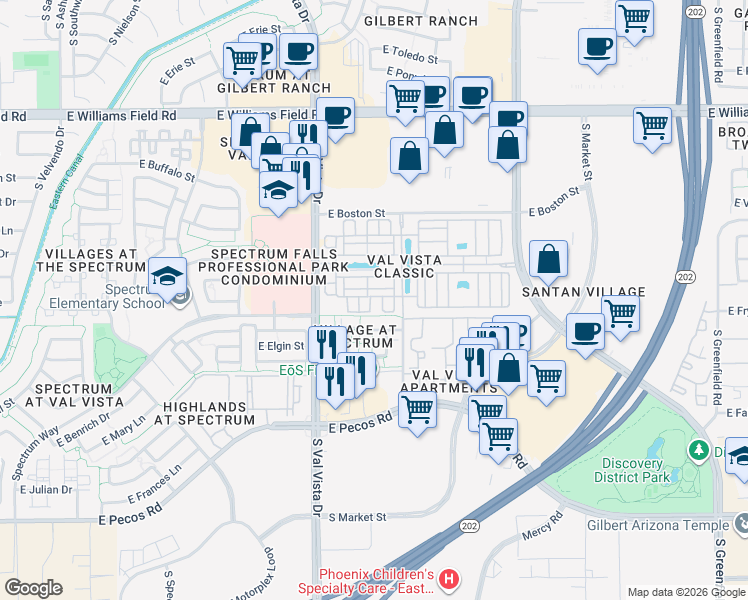 map of restaurants, bars, coffee shops, grocery stores, and more near 2773 South Key Biscayne Drive in Gilbert