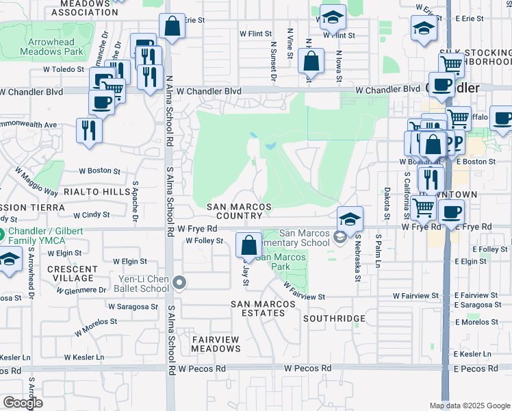 map of restaurants, bars, coffee shops, grocery stores, and more near 815 West Fairway Drive in Chandler